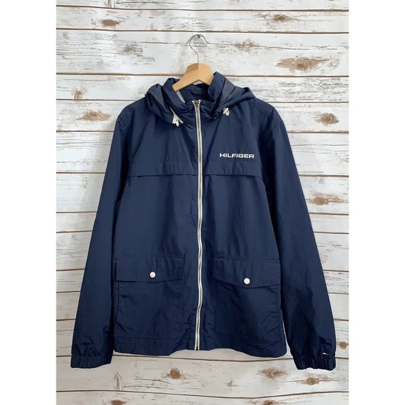 2011 Tommy Hilfiger Large Mens Navy Windbreaker Nylon Jacket Hidden Hood
